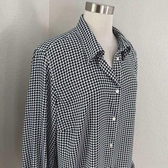 Chaps Womens Plus 1X Black White Houndstooth Button Up Shirt Long Sleeve Blouse - Picture 2 of 10
